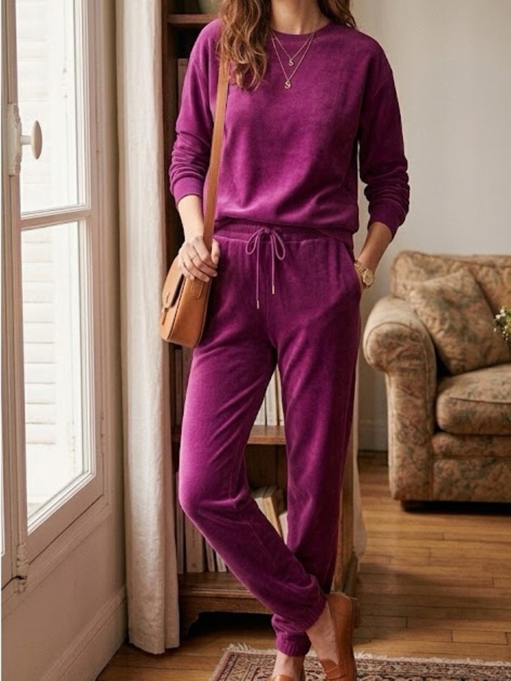 Honeydew Magenta Purple Super Soft Velour Matching Fleece Lined Pant & Crew Neck